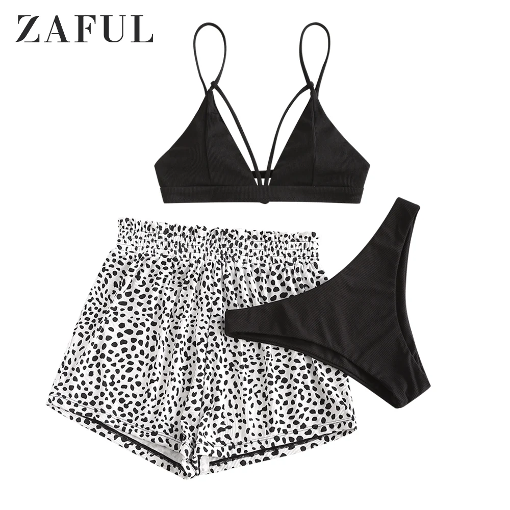 

ZAFUL Strappy Leopard Ribbed Three Piece Bikini Swimwear Padded Bikini Cami Bikini Animal Print Two-Piece Suits