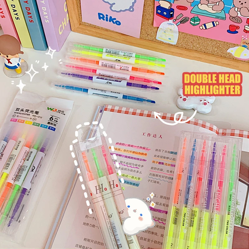 

W&G 6pcs/set Candy Double-head Highlighter Students Use Marker Strokes to Make Notes Portable Color Marker Pens