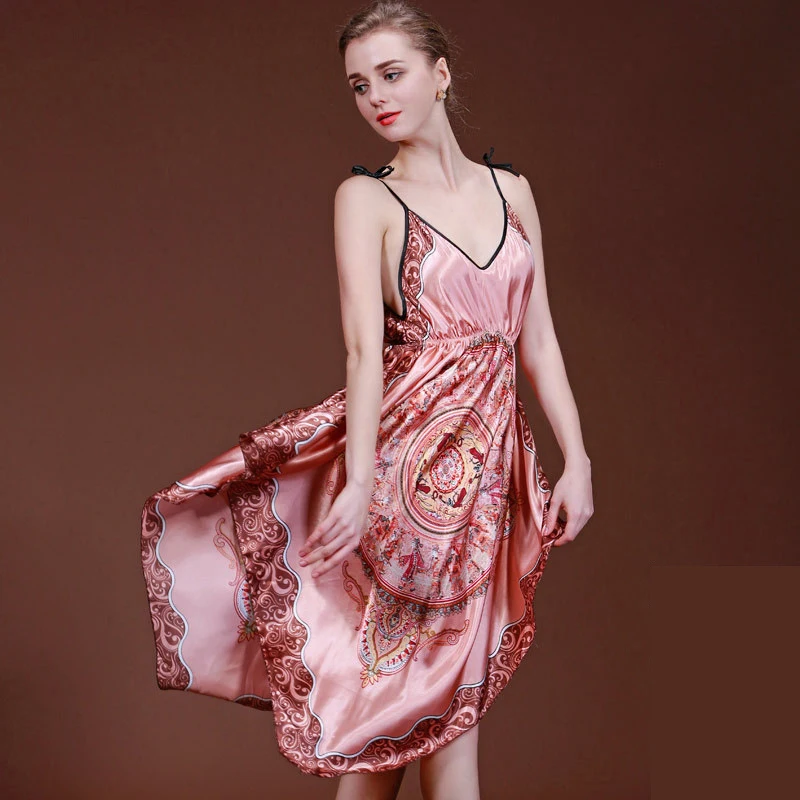 Tan Dress Для женщин атласная сексуальные шелковые пижамы Ночные сорочки пижамы рукав «летучая мышь» по колено ночные рубашки, ночное белье Розовый Ночная одежда ля маленьких девочек и малышей - Цвет: Tan Dress