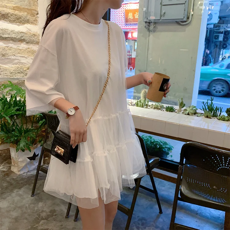 Плиссированное Платье-футболка повседневное корейское лоскутное Сетчатое