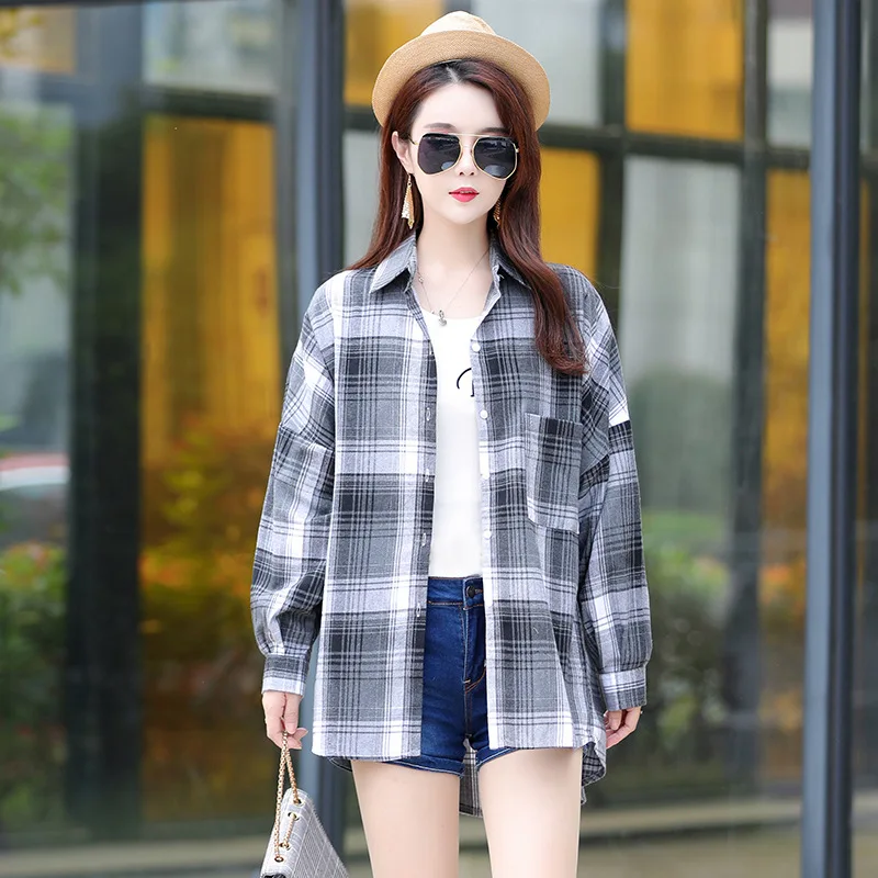 

2020 Women Blouse Long Sleeve Plaid Shirt Spring Autumn Fashion Korean Style Loose Shirts Streetwear Blouses Cotton Tops Blusas