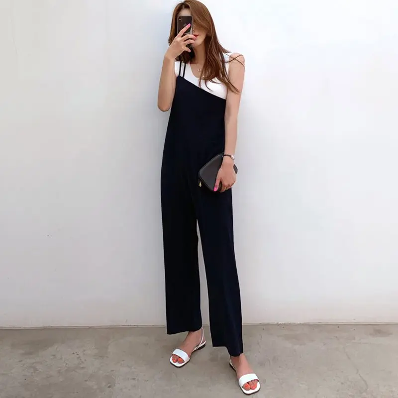 Женские офисные комбинезоны черные свободные повседневные больших размеров с