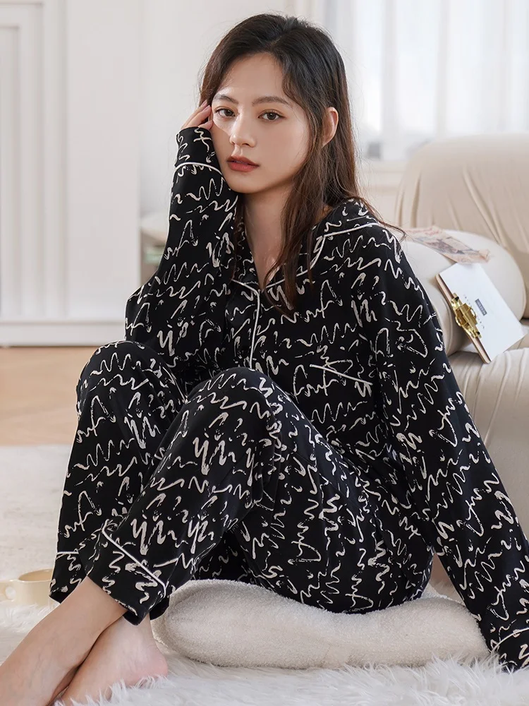 Winter 100% Cotton Pajamas For Women Printed Black Sleepwear For Ladies Home Clothes 2pcs PJ  Pure Cotton Pijamas Pyjamas Women