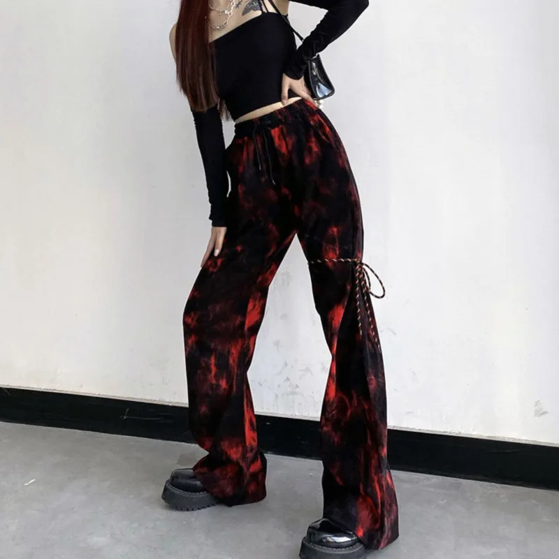 

SXGOTH Alt Cargo Wide Leg Aesthetic Pants Baggy Drawstring Halloween For Women Long Tie Dye Red Goth Harajuku Grunge Vintage