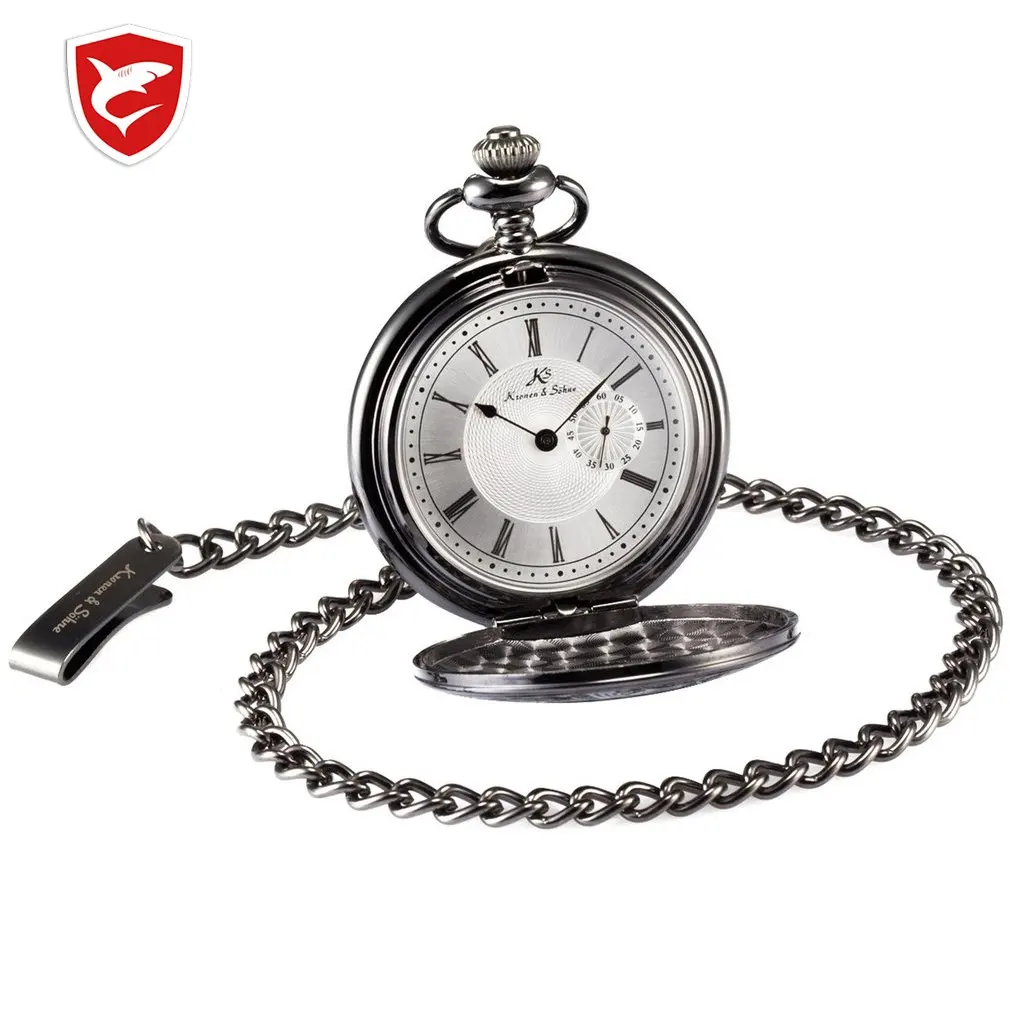 

KS Skeleton Alloy Black Steampunk Style Retro Small Second Hand Design Analog Quartz Fob Chain Clock Men Pocket Watches /KSP017