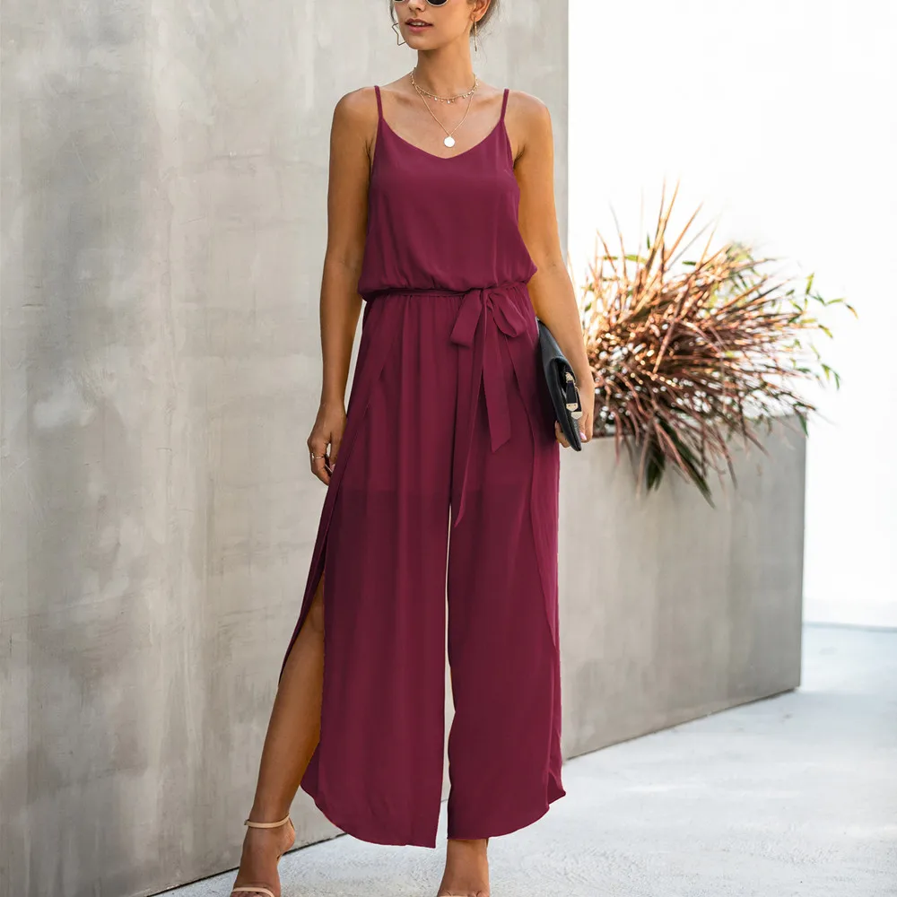 

Women Wide Leg Jumpsuit Casual Sling V Neck Backless Lace Up Side Split Summer Romper 2021 Solid High Waist Cotton Loose Overall