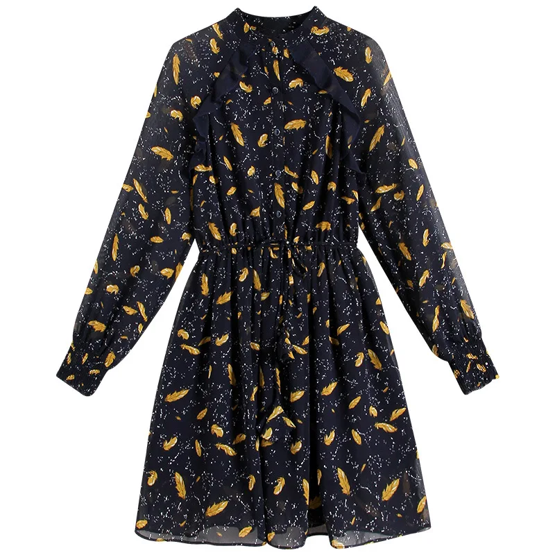 

Nuts design feeling small printed chiffon dress 2021 spring the new women's temperament cultivate morality