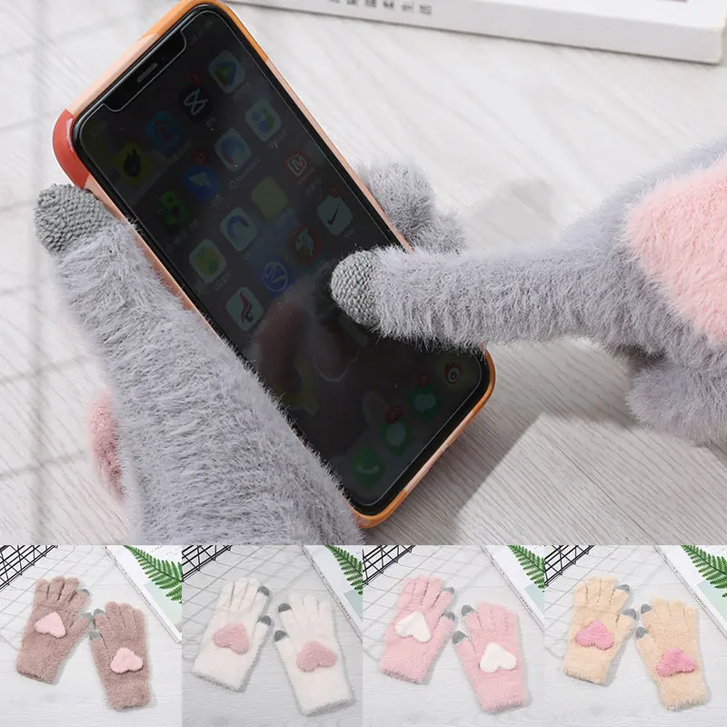 

Imitation Cashmere Plush Knitted Gloves With Love Heart Women Mittens Winter Warm Touch Screen Gloves Full Finger Gloves 1 Pairs