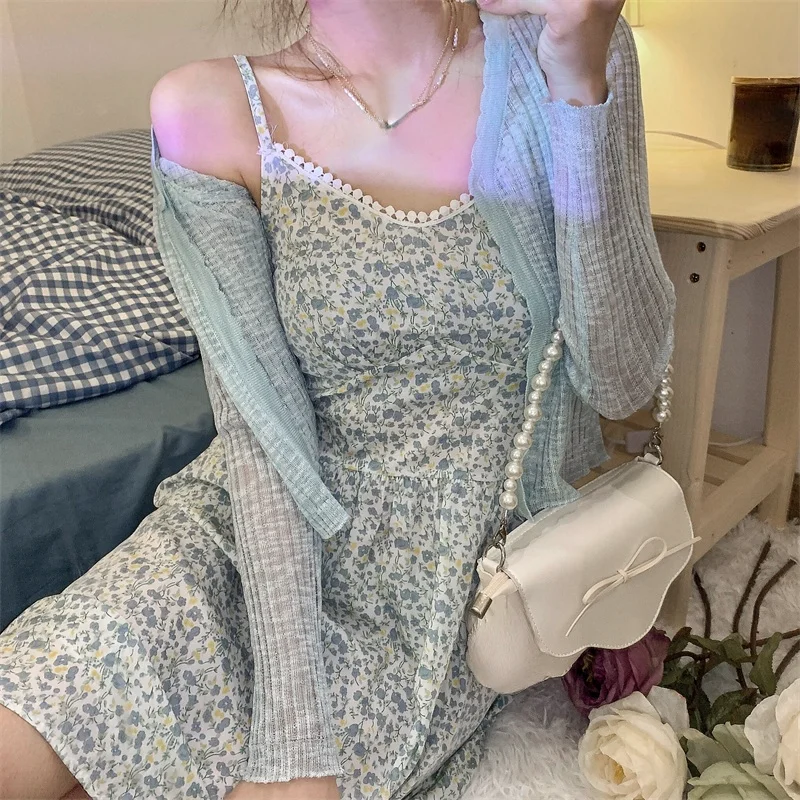 

Корейский модный комплект мини-платьев с цветочным рисунком, осень 2021, тонкий элегантный кардиган с длинным рукавом + винтажное милое плать...