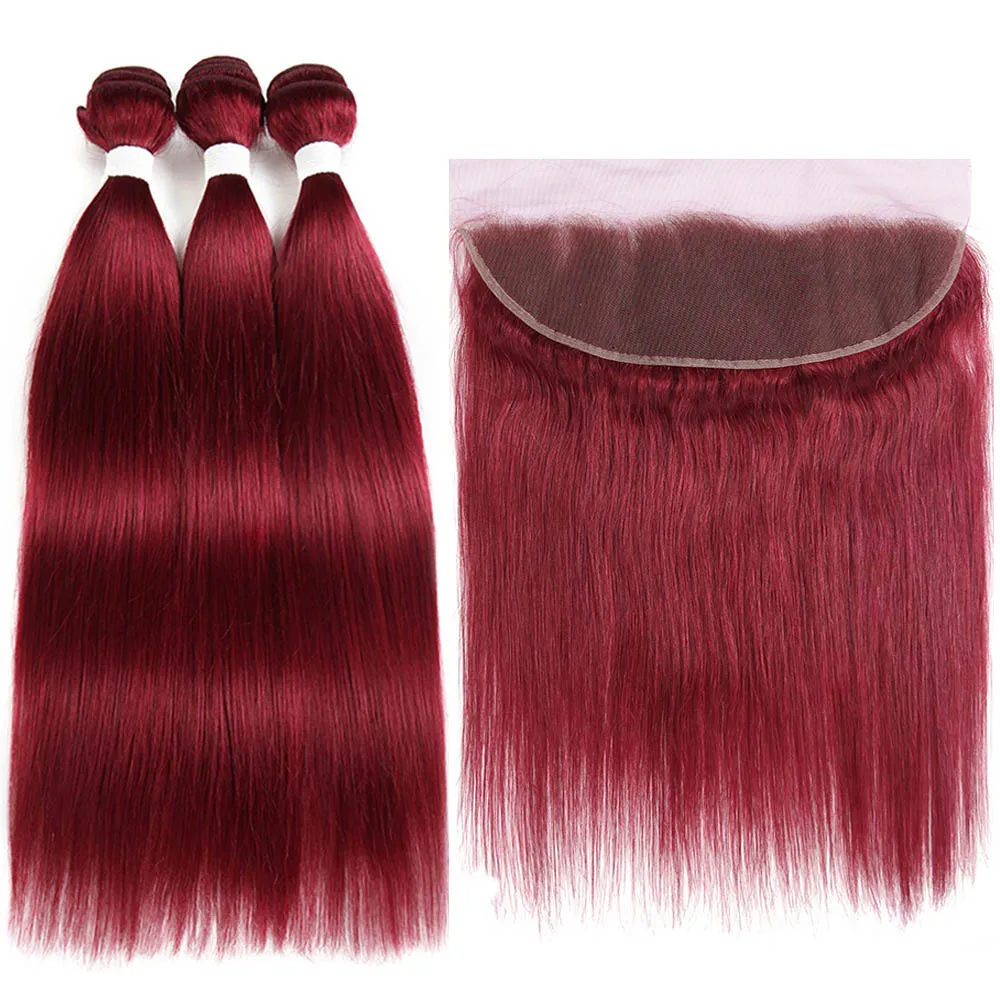 Burgundy 99J/бордовые человеческие волосы пряди с фронтальной X-TRESS предварительно окрашенные бразильские не Реми прямые пучки волос плетение с фронтальной шнуровкой - Цвет: Burgundy