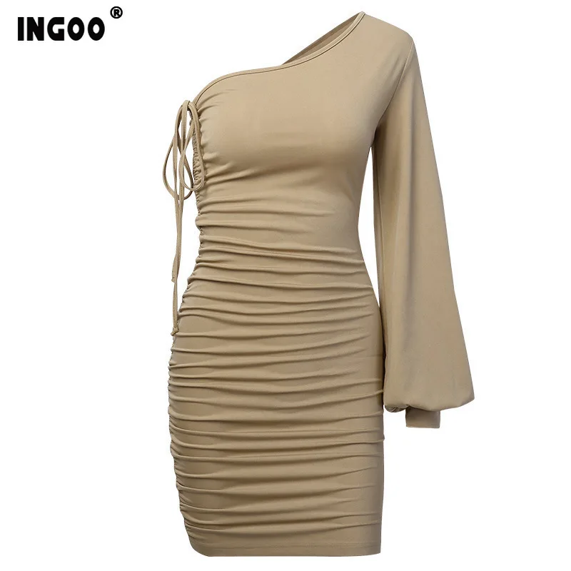

INGOO Elegant One Shoulder Bodycon Women Dress Sexy Party Night Long Lantern Sleeve Ruched Slim Short Dresses Club Vestidos
