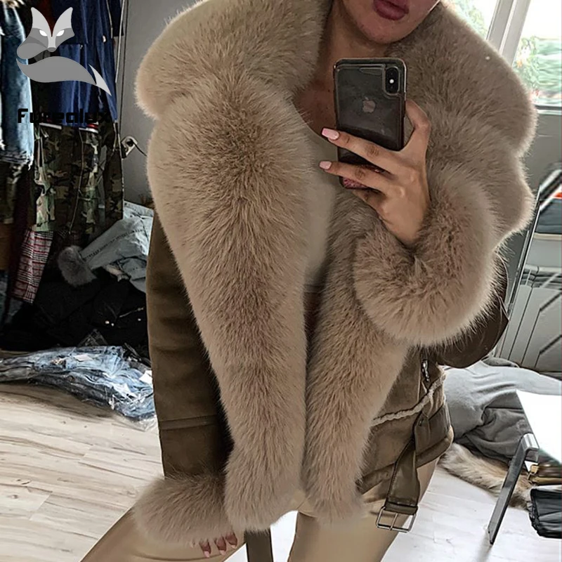 

2022 Furealux Real Fox Fur Coats with Wholeskin Sheepskin Warm Jacket Cashmere Lining Genuine Leather Jackets Natural Fur