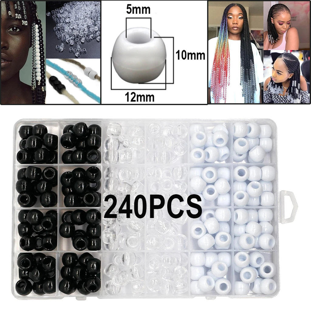 1Box Assorted DIY Craft Beads 240 Pcs Mixed Color Clear White Black Round Pony 12x10mm Hair Braid Dreadlocks | Красота и здоровье