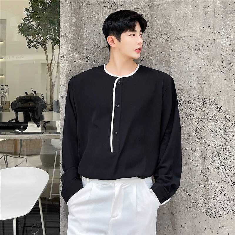 

Рубашка мужская с воротником без воротника, модный Свободный пуловер в Корейском стиле, повседневная винтажная уличная одежда в стиле Хара...