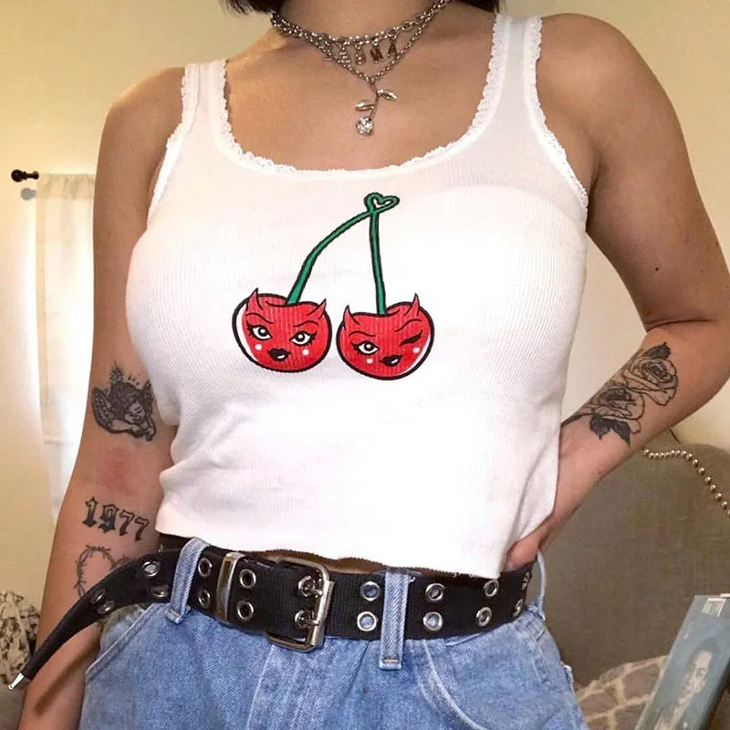 

Cherry Print Lace U Neck Crop Top Women Sexy White Off Shoulder Tank Tops 2020 Spring Summer Female Streetwear Short Tops