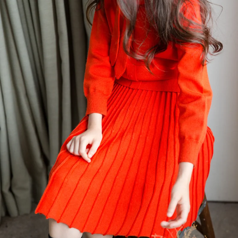 Two Pieces Set Children Sweater Clothes Rabbit Velvet Girls Orange Baby Suit Sweater+skirt Big Elastic |