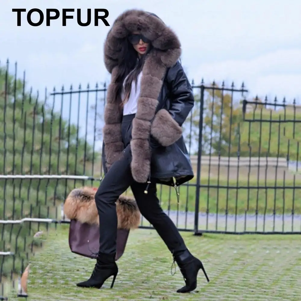 TOPFUR, роскошная черная зимняя теплая меховая куртка, Женская парка с натуральным мехом, Воротник из натурального Лисьего меха с кроличьим мехом