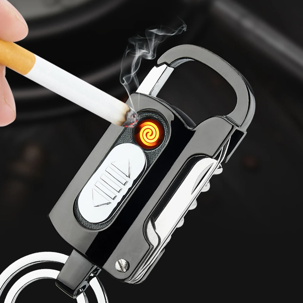 

Metal Keychain Lighters USB Charging Lighter with Flashlight Small Knife Outdoor Tools Cigarette Smoking Accessories