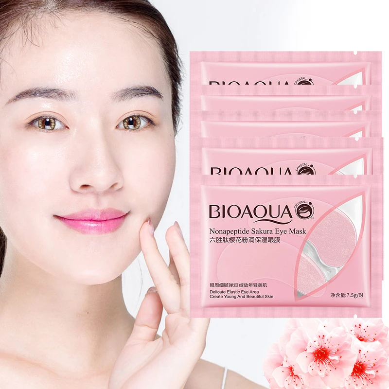 10 штук = 5 пар Нонапептидные маски для глаз Sakura с коллагеном, увлажняющие гелевые пластыри, удаляющие темные круги, противодействующие старению, мешкам и морщинам.