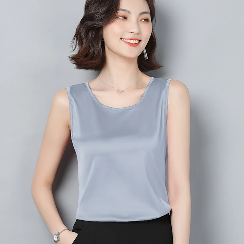 

Silk Tank Tops Women Summer Sleeveless Korean Women's Satin Top Streetwear Ladies Female Work White Black Tank Top