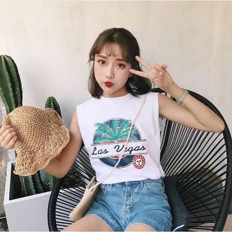 Летний женский жилет с пейзажной картой свободная футболка без рукавов круглым