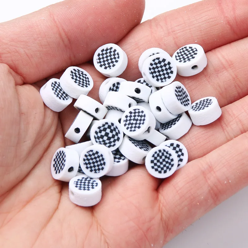 

Бусины из полимерной глины в белую клетку, плоские круглые бисеры с отверстием, для рукоделия, аксессуары для изготовления ювелирных издели...