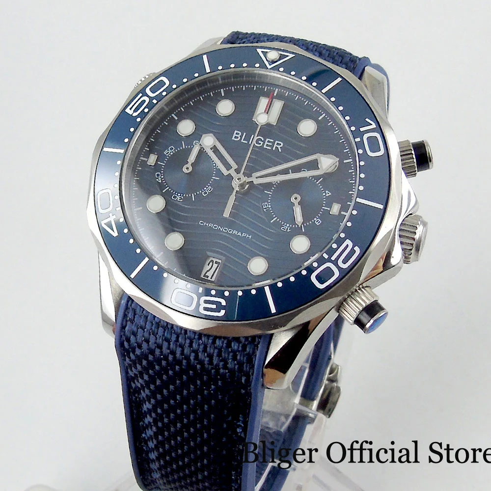 

BLIGER Brand Blue Sapphrie Glass Quartz Men Wristwatch Date WIndow Chronograph Function Rotating Bezel 24 Hours Rubber Strap