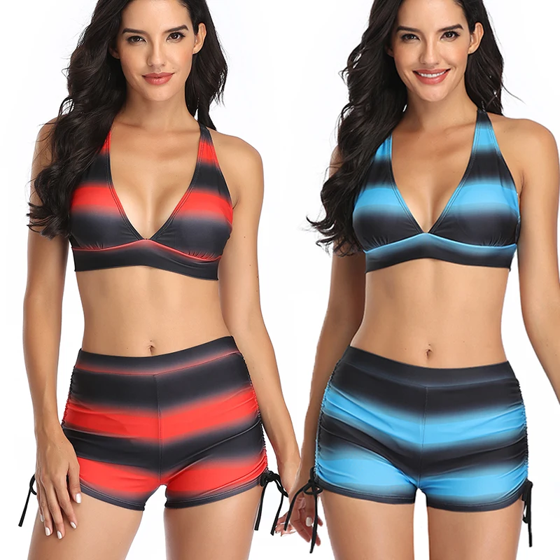 

Hot Stripe Sexy Halter Bikini 2021 High Waisted Swimsuit Swimming Suit For Women Bathing Suit Swimwear With Shorts