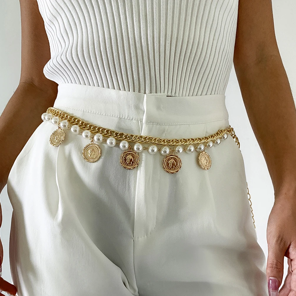 Ingemark Gypsy Lady-Cinturón de vientre para mujer, cadena de cintura alta y gruesa, borla de moneda, Perla de imitación, vestido decorativo, joyería corporal