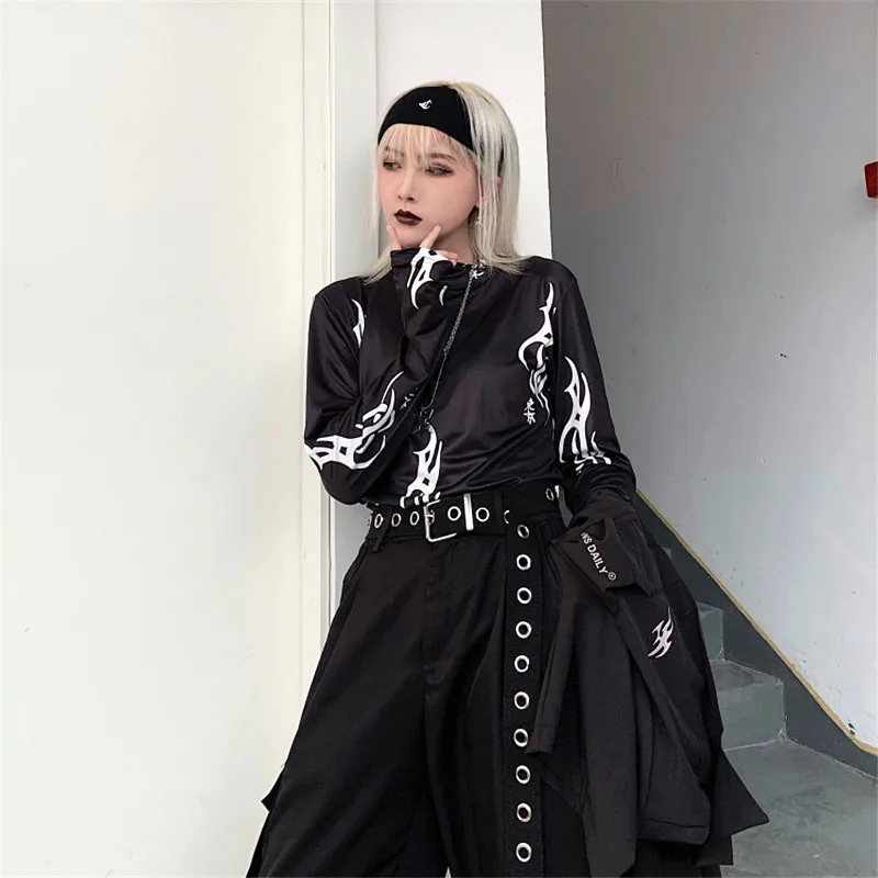 NYOOLO Harajuku Дизайн Символ печати водолазка рубашка осень уличная тонкая футболка с длинными рукавами женская одежда Топ