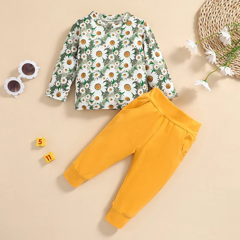 

2 Pcs Infant Casual Outfits Toddler Daisy Print Long Sleeve Round Neck Sweatshirt + Solid Color Trousers with Pockets
