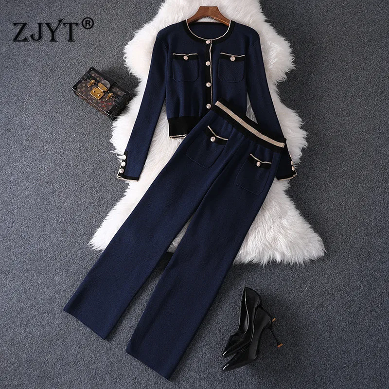 

Autumn Winter Knitted Suit Women Elegant Long Sleeve Color Block Cardigans Top Pants 2 Piece Set Casual Female OL Outfits