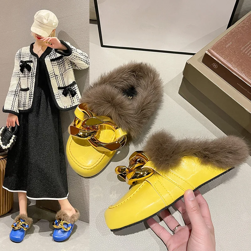 

Женская обувь, хлопковые тапочки Baotou, модная женская обувь с большой головой и металлической цепочкой, зимняя разноцветная меховая обувь бо...