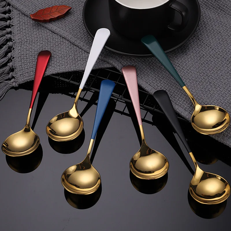

Stainless Steel Round Spoon Ramen Tablespoons Children Porridge Soup Ladle Coffee Dessert Scoop Creative Kitchen Tableware