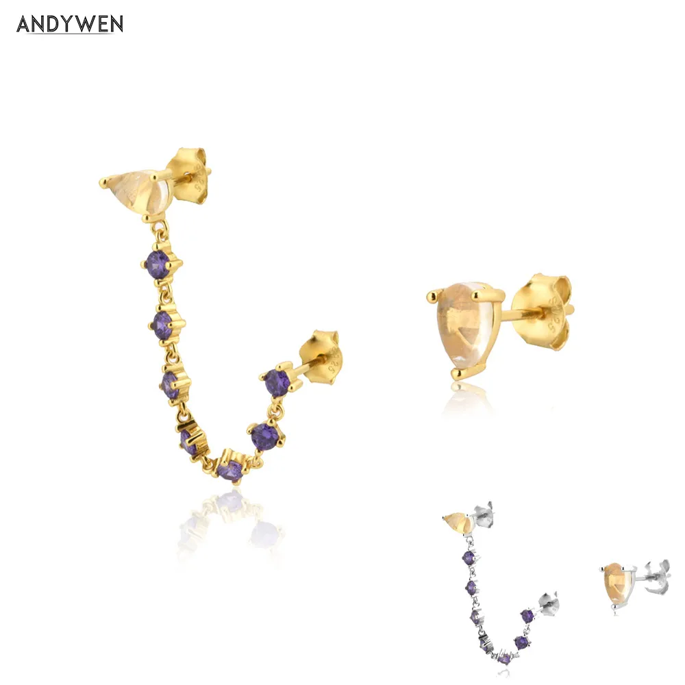 

ANDYWEN 925 Sterling Silver Gold Chain Purple Zircon Stud Earring 2020 Rock Punk Luxury Fashion Jewelry Piercing Ohrringe