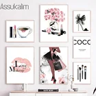 Модная Настенная картина на холсте, Кисть для макияжа, помада, цветочный принт, постер на высоких каблуках, Скандинавская Настенная картина, декор для гостиной