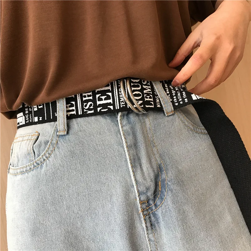 Модный пояс из парусины Harajuku с буквенным принтом для студентов, для женщин и мужчин, джинсы, Длинные ремни, двойное d-образное кольцо, пряжка, белый пояс Z30