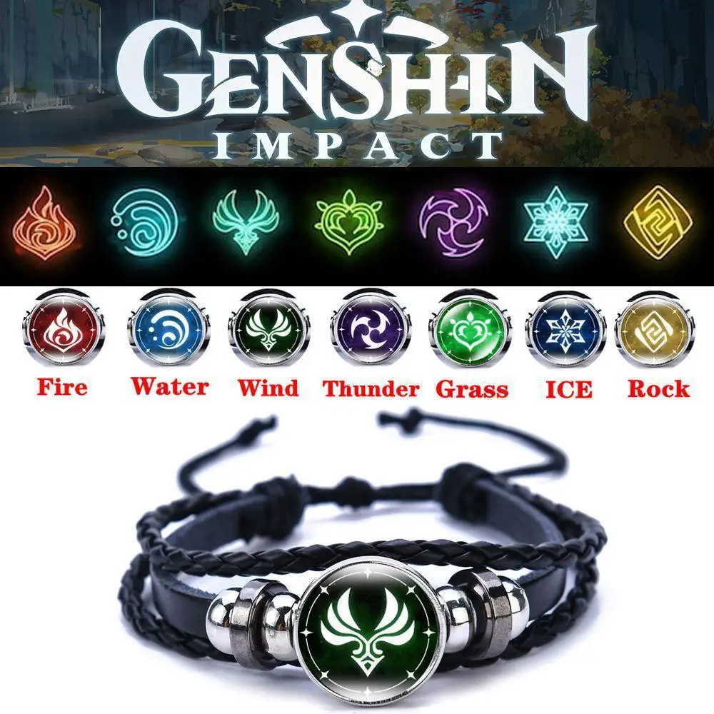 

Game Genshin Impact Black Leather Bracelet For Women Luminous Anime Game Eye of God 7 Element Bracelets Jewelry For Accessories