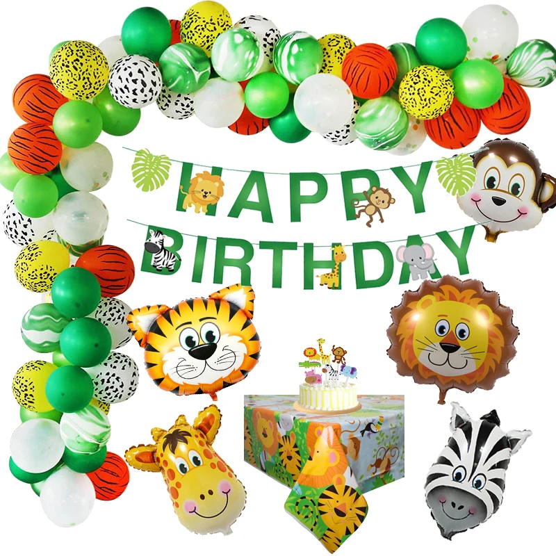 

44pcs/Set Jungle Safari Party Birthday Decoration Boy Animal Banner Tablecloth Jungle Birthday Theme Balloons Garland Supplies