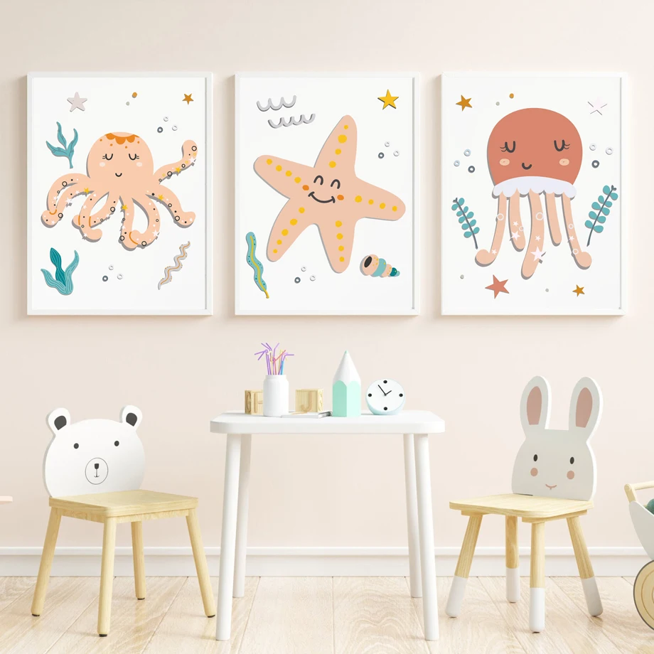 Настенная картина розовое море живопись черепаха дельфин морская лошадь