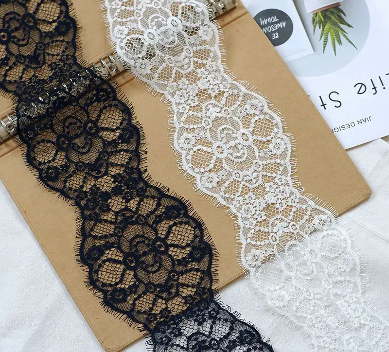 

15 Meters/lot border lace trim, off white, black eyelash chantilly lace, wedding lace brides lace