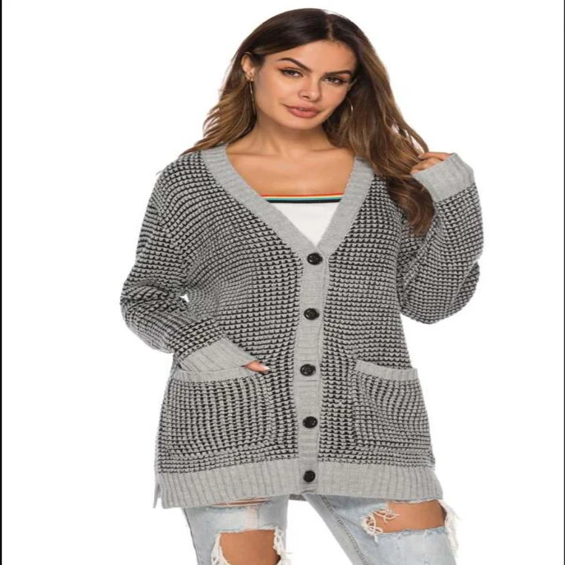 grey pullovers Babbytoro женский кардиган свитер вязаный v-образный вырез свободный карман X-mas Свитера Плюс Размер XL S коричневый красный армейский зеленый пальто - Цвет: grey pullovers