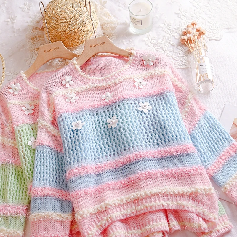 Осенний японский сладкий Junior's короткий свитер милый 3D Цветочный пэчворк