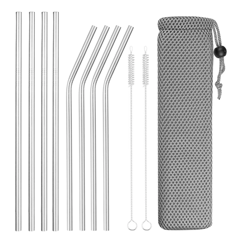 

Reusable Metal Drinking Straws 4/8Pcs 304 Stainless Steel Sturdy Bent Straight Drinks Straw