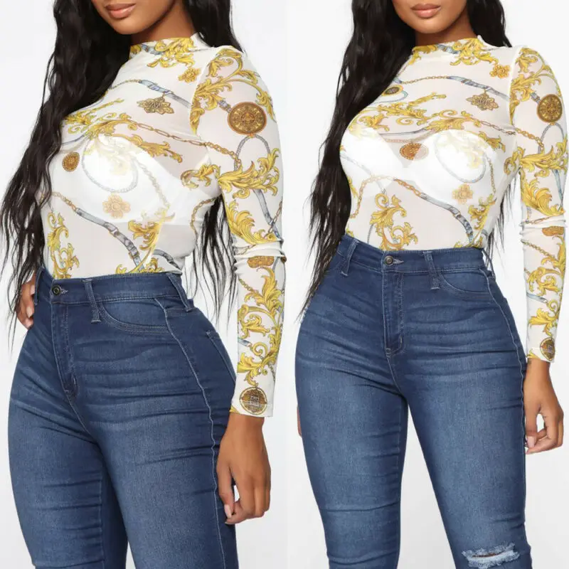 Sexy Women T Shirt See Through Transparent Mesh Tops Long Sleeve Sheer Slim Ladies Turtleneck T-Shirt New Arrival tshirt | Женская