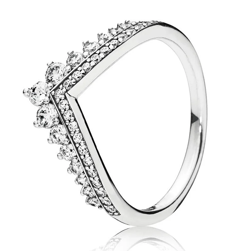 

925 Sterling Silver pandora Ring Princess Wishbone With Crystal Rings For Women Wedding Party Gift Fine Jewelry