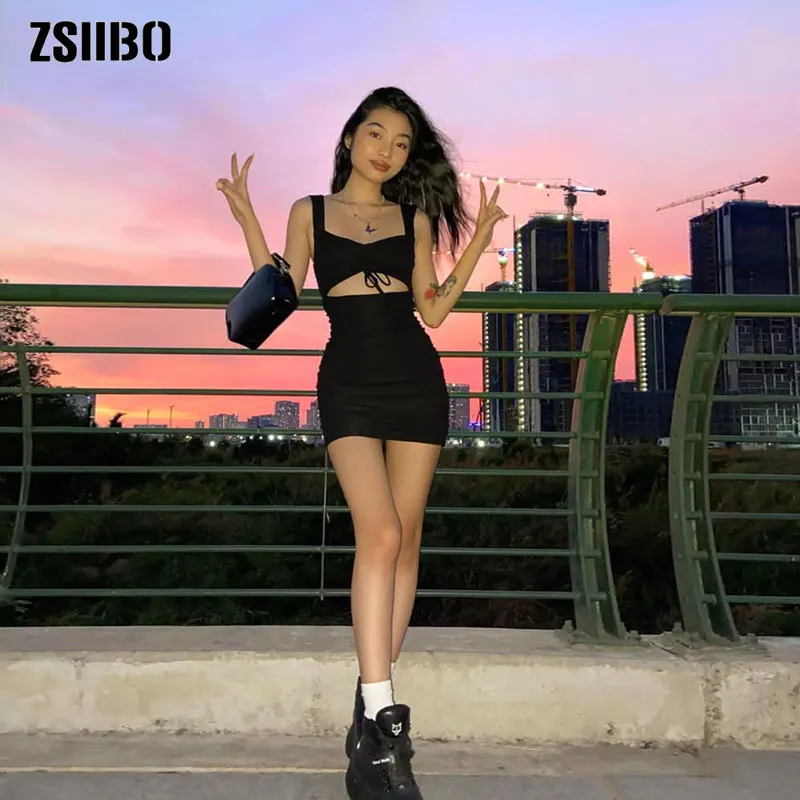 

Women Spaghetti Strap Dress Spring Summer Hollow Out Sleeveless Slim Dresses 2020 New Lady Casual Mini Dress Mujer