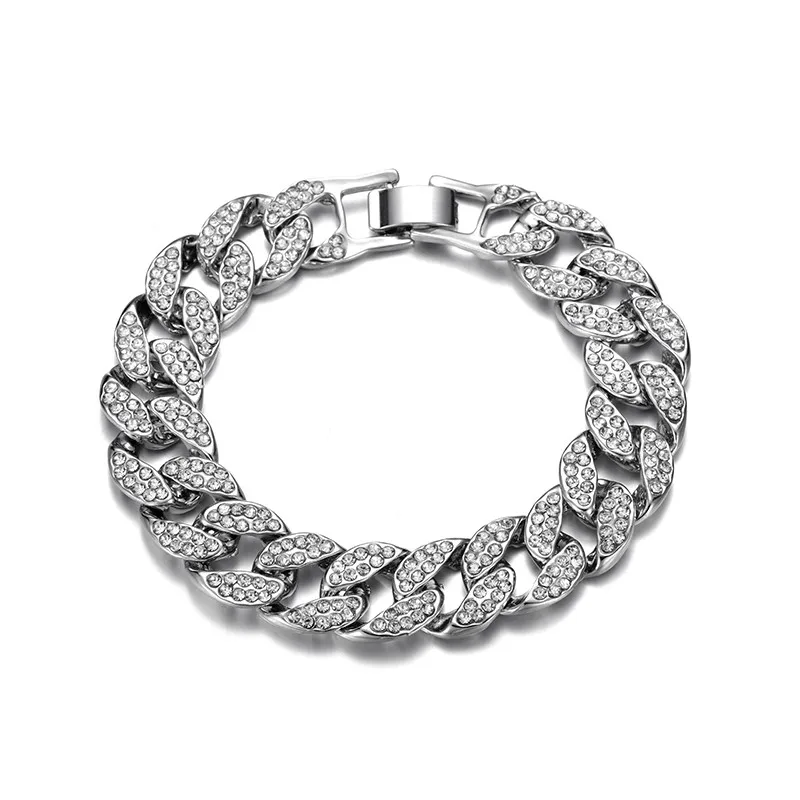 Silver Bracelet Bling Iced Out кубинское звено браслет ожерелье Мужская мода персонализированные перо подарок колье из горного хрусталя Набор хип хоп ювелирные изделия - Окраска металла: Silver Bracelet