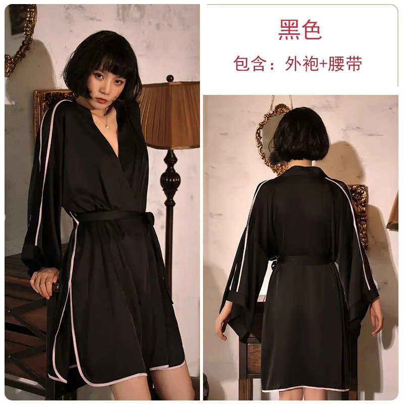 

Ladies pajamas Casual Tracksuit Nightdress Cool and comfortable soft Ice silk thin section Net yarn bathrobe Open Mid-Calf Solid