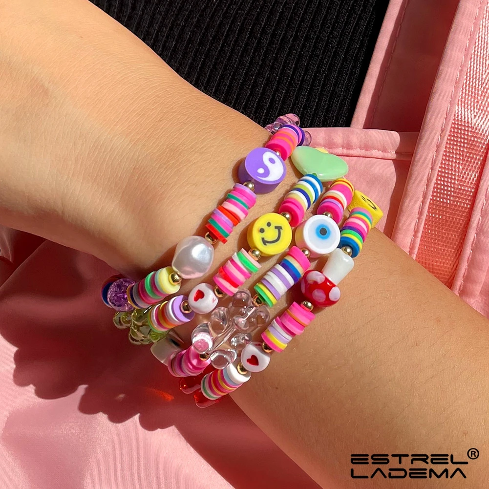 

Boho Candy Color Bear Smiley Face Mushroom Beaded Bracelets For Women Irregular Pearl Evil Eye Clay Beads Bracelet Jewelry Gifts